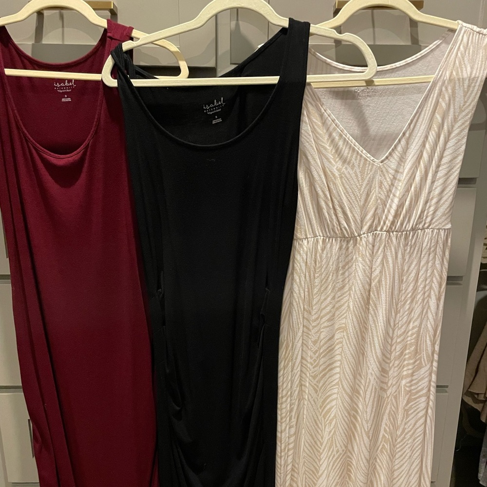 Three Isabell maternity maxi dresses, two size small and one extra small